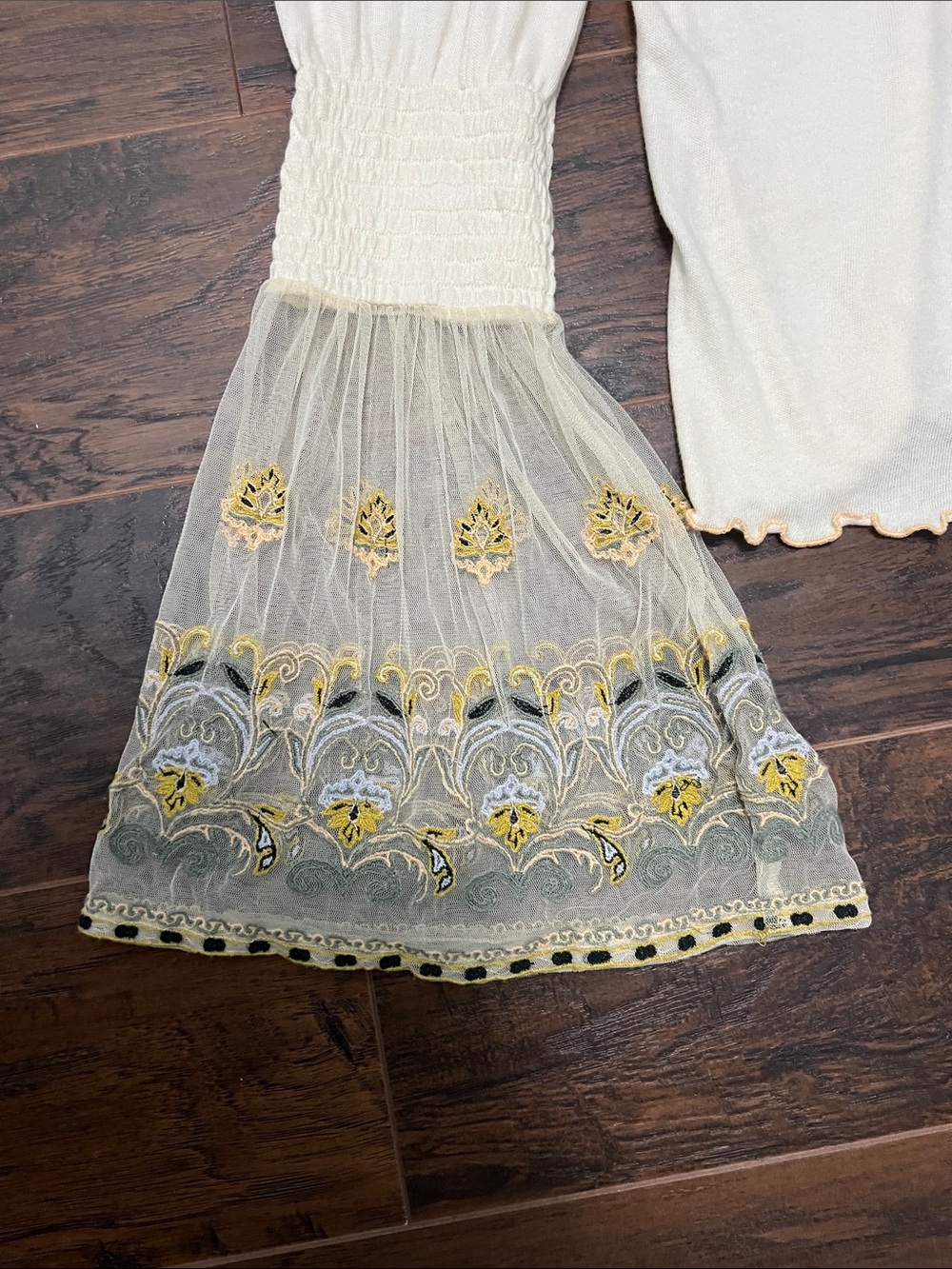Free People Medium Ivory Boho Mesh Bell-Sleeve Top with Yellow Embroidery - Picture 2 of 9